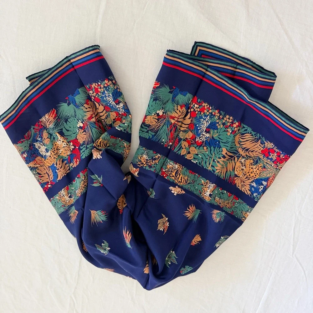 Vtg Christian Dior Hand Rolled Silk Scarf Jungle Animal Navy France Made 29.5”